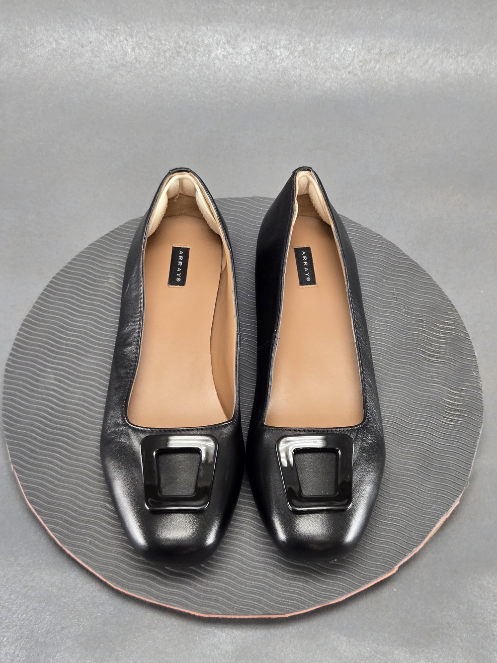 Array Black Leather Square-Buckle Ballet Flats
